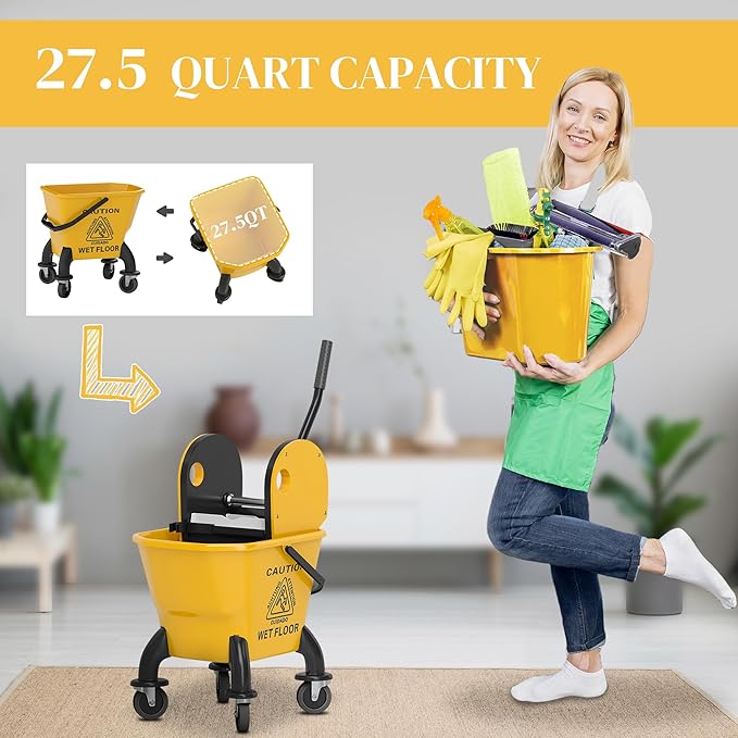 HOMCOM Mop Bucket with Wringer on Wheels for Floor Cleaning, 27.5 Quart Down Press Wringer with Handle and Mop, Yellow