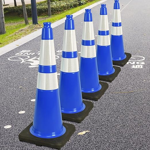 Fluorescent Orange/Green PVC Traffic Cones, Heavy Black Base Parking Lot Cone Structurally Stable Weatherproof Road Construction Safety Cones (4, Blue, 28" Large)