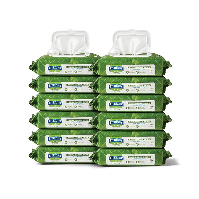 FitRight Aloe Quilted Heavyweight Personal Cleansing Cloth Wipes, Unscented, 576 Count, 8 x 12 inch Adult Large Incontinence Wipes