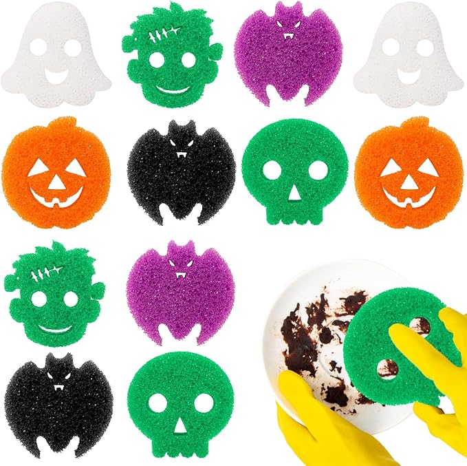 12 Pack Halloween Sponges Halloween Kitchen Decor Halloween Cleaning Sponges Cute Kitchen Scrub Sponges Skeleton Ghost Bat Pumpkin Sponge Non Scratch Temperature Sensitive Scrubbing. (Halloween)