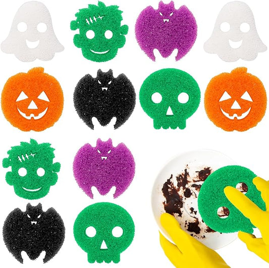 12 Pack Halloween Sponges Halloween Kitchen Decor Halloween Cleaning Sponges Cute Kitchen Scrub Sponges Skeleton Ghost Bat Pumpkin Sponge Non Scratch Temperature Sensitive Scrubbing. (Halloween)