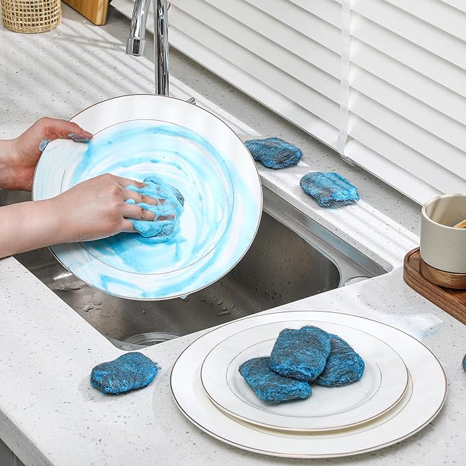 Domensi 100 Pcs Steel Wool Soap Pads Metal Scouring Cleaning Non Scratch Household Scrub Pads for Scouring Dirt Dish Pot Pan Oven Kitchen Cooktops Grease and Oil(Blue)
