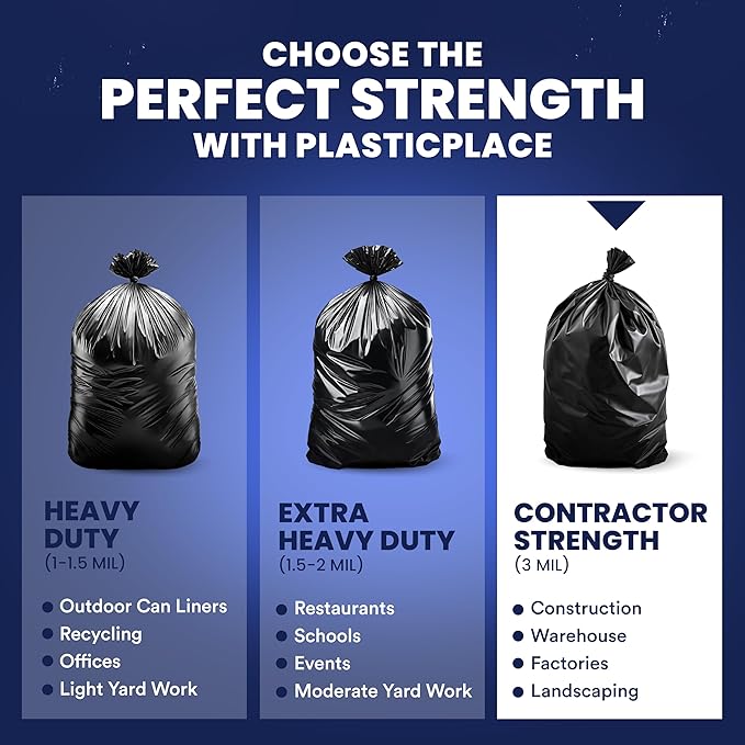 Plasticplace Contractor Trash Bags 55-60 Gallon │ 6.0 Mil │ Black Heavy Duty Garbage Bag │ 36” x 58” (25 Count)