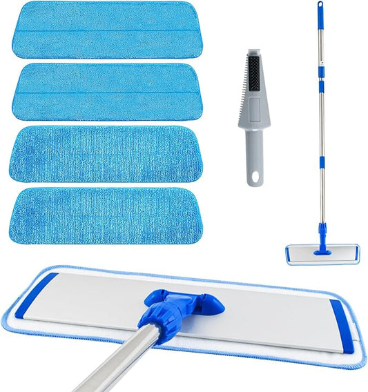 Flat Mop with Stainless Steel Handle, Handle Adjustable 3 Sections Splice Microfiber Mop Floor Cleaning 4 Pieces Mops Cloth Wet & Dry Pads Wet and Dust Mopping