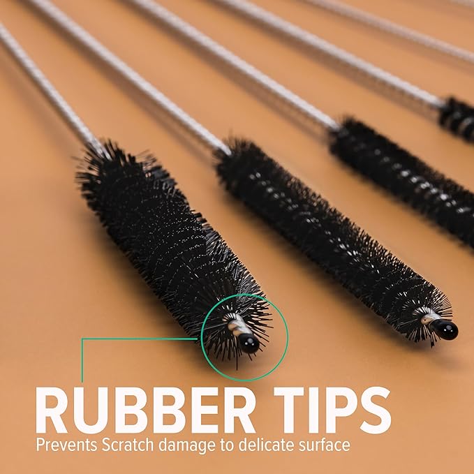 Long Straw & Pipe Cleaning Nylon Brushes | 10 Brush Set 8 inches | Flexible, Non-Scratch, Rust-Resistant Steel Handle | Reusable Straws, Pipes, Tubes, Bottles etc