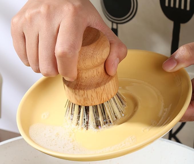 Bamboo Palm Pot Brush.Kitchen Mini Round Dish Brush,Natural Scrub Brush Cleaning Kit for Skillet,Washing Dishes,Vegetables,Pots, Pans. (1x Hard Bristle+1x Sisal with Ceramics Base,Draining Rack)