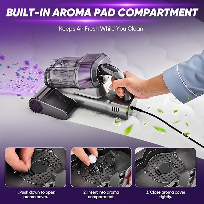 Saker Mattress Vacuum Cleaner, Handheld Bed Vacuum with 16KPa Suction, UV-C Light, 140°F Heated Air, HEPA Filter, Aroma Function, 16.4FT Cord for Cleaning Bed, Sofa, and Couch