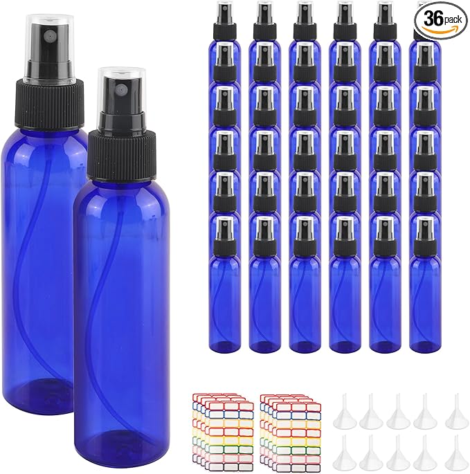 36 Pack Blue Small Spray Bottles 4 oz/120 ml Plastic Spray Bottles, Fine Mist Empty Small Travel Spray Bottle, Refillable Mini Sprayer Empty Bottle Bulk with 10 Funnels and 10 Labels
