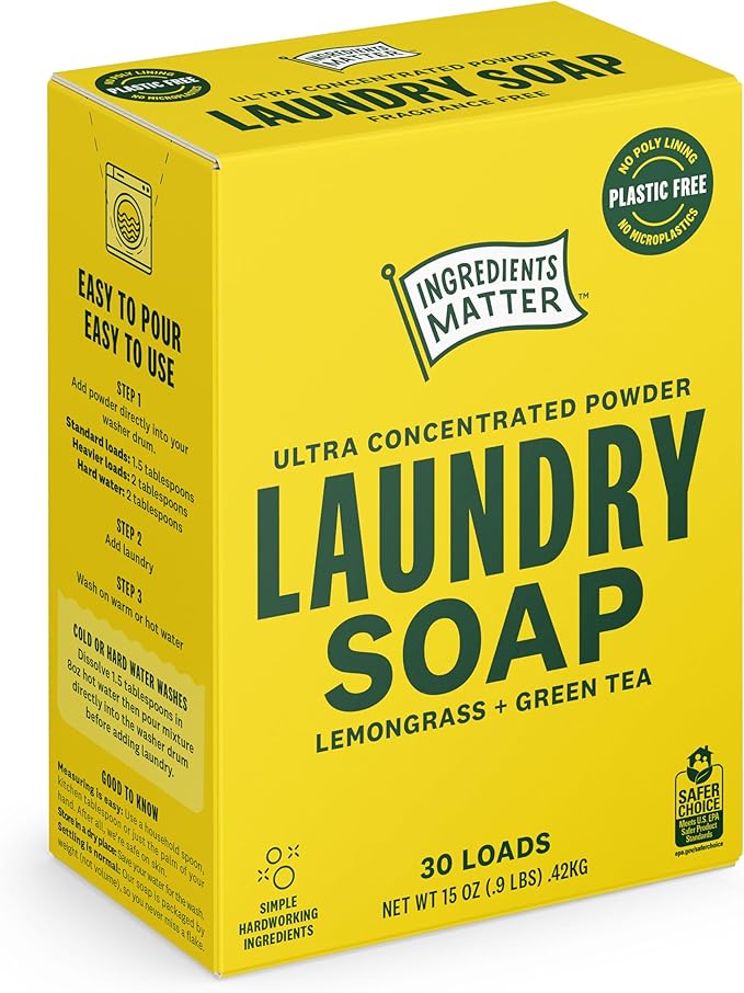 Ingredients Matter Powder Laundry Soap - Lemongrass Scent, Hypoallergenic Detergent, Natural & Eco-Friendly, Plastic Free, Made in USA, Natural Essential Oils & Dermatologist Tested - 15 oz, 30 Loads