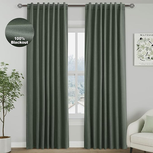 Olive Green Linen Blackout Curtains 84 Inches Long Back Tab Burlap Flax Bedroom Blackout Curtains 2 Panel Sets Rustic Farmhouse Full Light Blocking Thermal Insulated Curtain 84 Inch Length 52x84