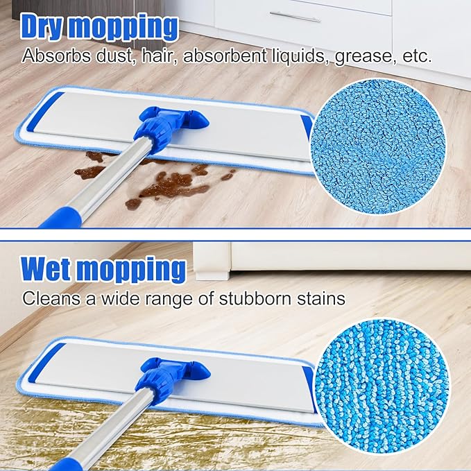 Flat Mop with Stainless Steel Handle, Handle Adjustable 3 Sections Splice Microfiber Mop Floor Cleaning 4 Pieces Mops Cloth Wet & Dry Pads Wet and Dust Mopping