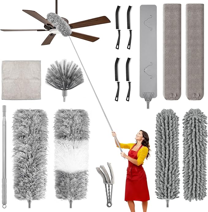 MimAuto Professional 14-in-1 Cleaning System with 100-inch Pole, 4 Duster Heads, Flat & Cobweb Tools for Ceiling to Floor