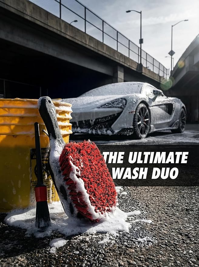 TAKAVU Wheel Tire Brush - Soft Bristle with Short Handle, Included Detailing Brush - Car Cleaning Kit for Rims, Tires, Interior Vents, Emblems - Scratch Safe