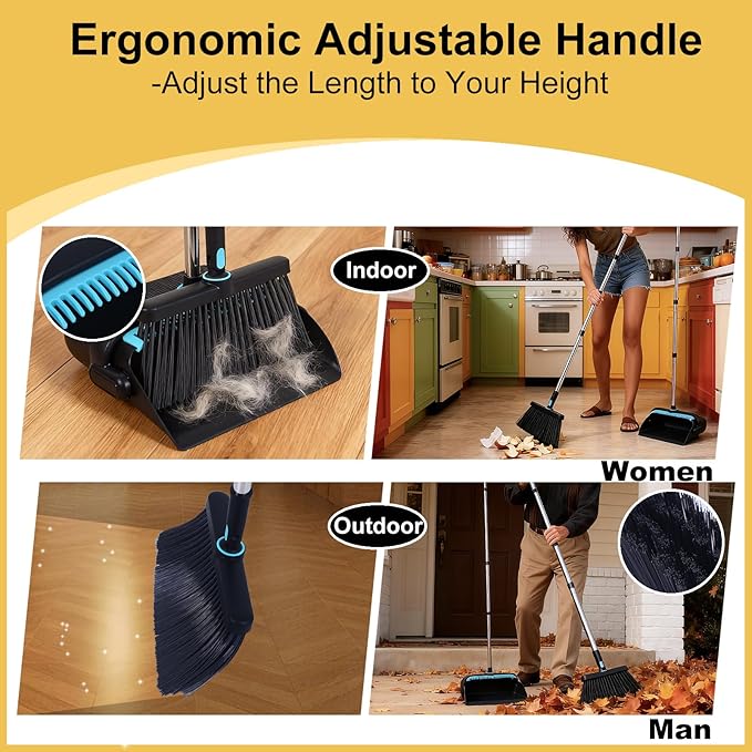 Heavy Duty Broom and Standing Dustpan Combo Set, Rotatable Head Dust Pan and Brush Set with Collapsible Handle, Cleaning Teeth, Hanging Loop, Ideal for Pets, RV, Kitchen, Camping, Outdoor Floor, Black