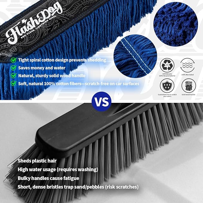 Flash Dog Car Duster Exterior Scratch Free - Wood Handle Waterless Cleaning for Cars/SUV/Truck/RV | Waxed Cotton, Portable Waterless Dust & Pollen Remover