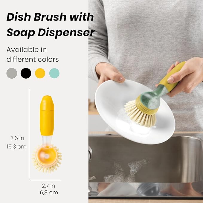 Vigar Rengo Soap Dispensing Dish Brush, Dish Brush with Soap Dispenser for Pot Scrubber, Dishes, Sink Cleaner, and Kitchen Essentials, Mustard