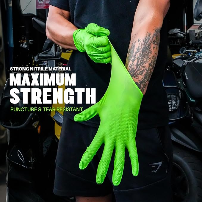 Herkules Grip Heavy Duty 8Mil Green Nitrile Gloves,3D Raised Diamond Texture-Latex & Powder Free-Industrial, Mechanic | Pack of (200 CT)
