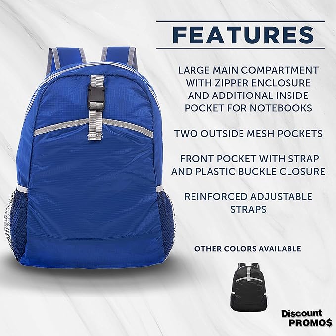 DISCOUNT PROMOS Lightweight Travel Packable Backpacks Set of 6, Bulk Pack - Perfect for Camping, Outdoor Sports - Blue