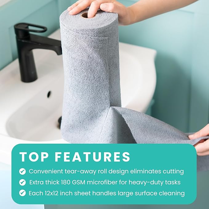 Microfiber Cleaning Cloth Roll, Reusable Tear Away Towels, Ultra Absorbent Dish Rags for Car, Home, Garage (Grey with Hanging Hooks)