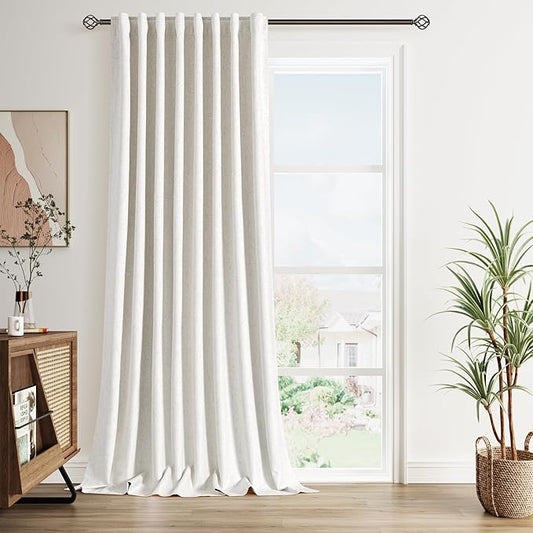 100% Blackout Linen Curtains 90 inch Length 1 Panel for Living Room Loop Pocket Pinch Pleated Black Out Drapes Cream Colored Heat Reducing Total Blackout Window Curtains for Bedroom 60x90