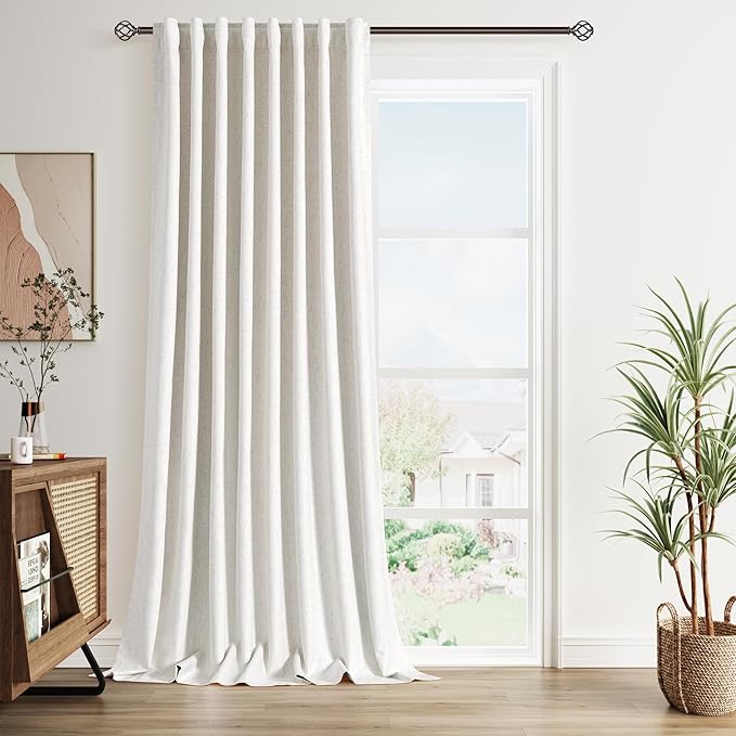 Nanspring Ivory Linen Blackout Curtains 96 Inches Long 1 Panel Set for Living Room Back Tab Pinch Pleated Blackout Curtain Drapes Boho Farmhouse Neutral Cream Bedroom Black Out Curtain 60x96
