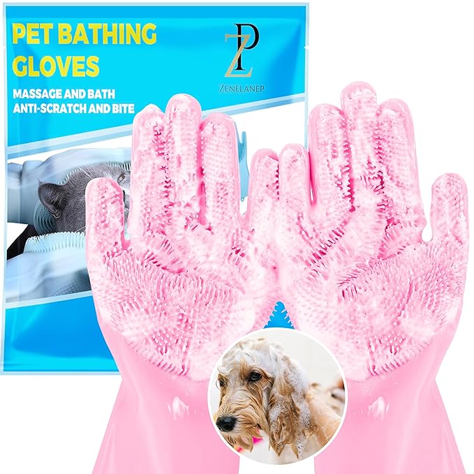 ZENELANEP Pet Grooming Gloves, High-Density Silicone Gloves with Enhanced Five Finger Design for Bathing and Massaging Dogs and Cats (Pink)