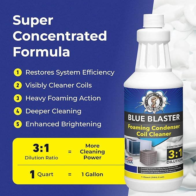 Blue Blaster AC Coil Cleaner Foam - Quart | Extreme Duty Formula for Outdoor AC Condenser Units | 3 to 1 Concentrate Makes 1 Gallon | HVAC Coil Cleaner Lifts Dirt and Grime from the Inside Out
