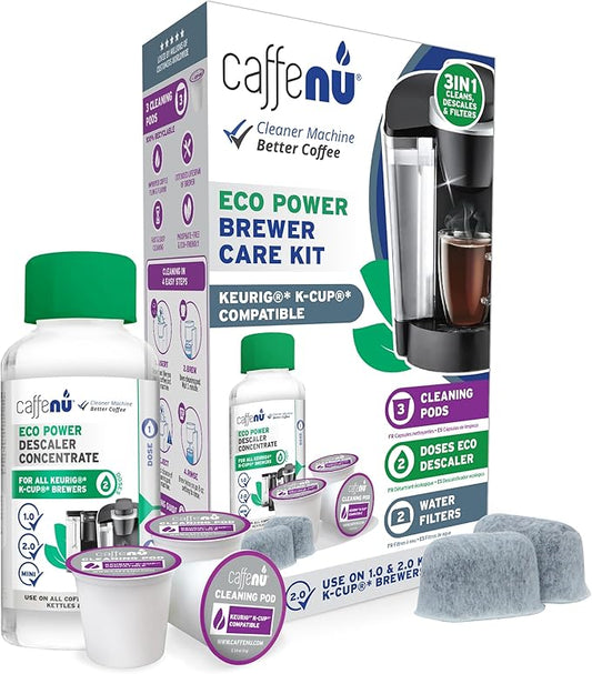 Caffenu Keurig Compatible Descaling Solution Cleaner and Descaler Kit. 2 Uses Descaling Solution, 3 Cleaning Pods and 2 Filter Replacement. 3 Months Maintenance Kit. For Keurig 1.0 & 2.0