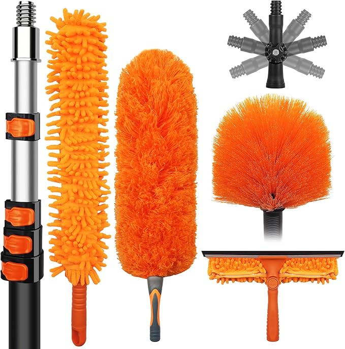 DALTACK 20 Foot High Dusters Kit for Cleaning with 3-12 Foot Heavy Duty Extension Pole, Extendable Reusable Cobweb, Feather, Ceiling Fan Cleaner Duster, Window Squeegee Kit