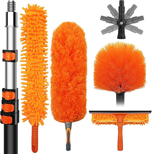DALTACK 20 Foot High Dusters Kit for Cleaning with 3-12 Foot Heavy Duty Extension Pole, Extendable Reusable Cobweb, Feather, Ceiling Fan Cleaner Duster, Window Squeegee Kit