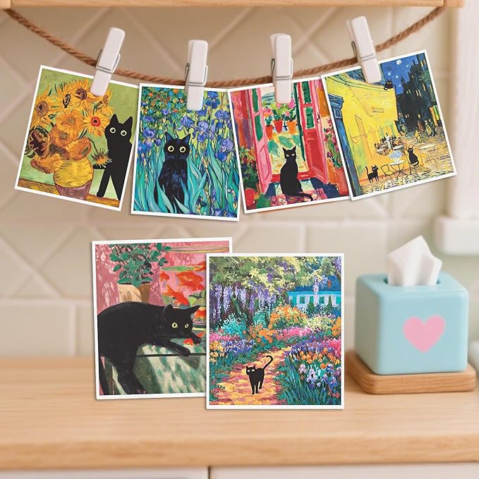 Black Cat Swedish Dishcloths for Kitchen - 6PCS Oil Painting Black Cat Swedish Cloths for Washing Dishes, Cotton Kitten Reusable Dish Towels, Washable Cleaning Sponge Gifts Fast Drying