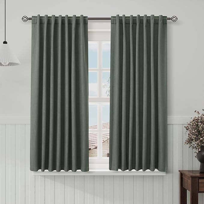 Nanspring Olive Green 100% Blackout Curtains 63 inches Long for Bedroom Boho Farmhouse Back Tab Rod Pocket Thermal Insulated Textured Short Room Darkening Curtains 2 Panels Set 52x63 Inches