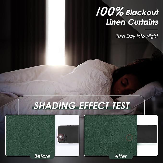 Nanspring Full Blackout Linen Green Curtains 90 Inches Long for Living Room Patio Sliding Door Back Tab 100% Black Out Bedroom Curtains Boho Elegant Modern Window Curtain Panels Set of 2 52x90 Inch