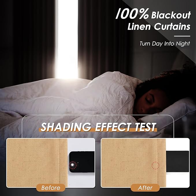 Camel Linen Blackout Curtains 108 Inches Long 2 Panel Set for Living Room Back Tab Pocket Drapes Cotton Textured Room Darkening Light Blocking Curtain for Bedroom Cottage High Window 52x108