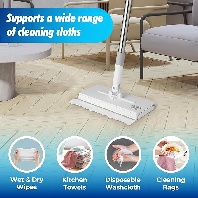 CleanMattix - FlexiClamp Sweep & Mop Kit - Compatible with Swiffer Pads, Durable Cleaning Tool for Hardwood, Tile, Marble & Laminate Floors, Home, Kitchen Cleaning Essentials. (Include 10 Dry Cloths)