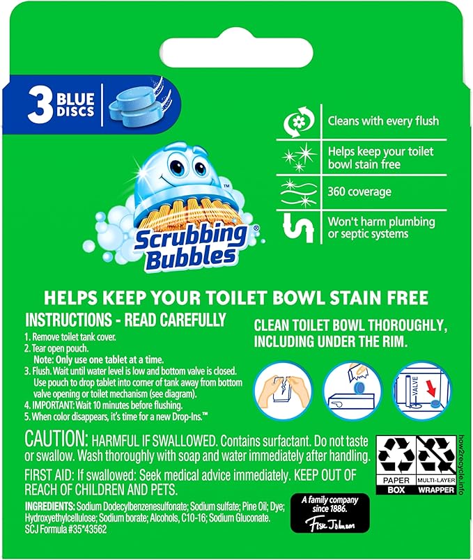 Scrubbing Bubbles Toilet Bowl Tablets, Continuous Clean Toilet Drop In Discs, Each Tablet Provides 4 Weeks of Protection Against Stains and Build Up, 3 Count (Pack of 6)