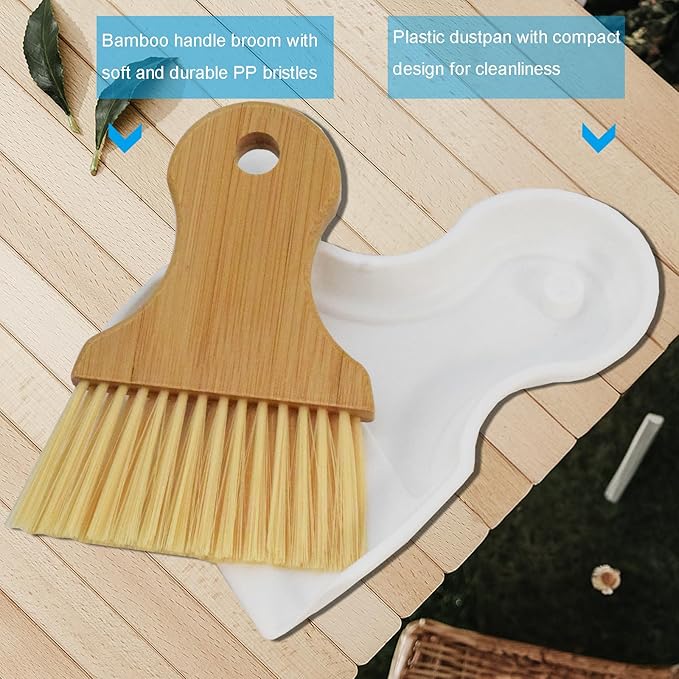 BSMstone Mini Broom and Dustpan Set Portable Hand Broom with Bamboo Handle Small Crumb Sweeper for Home, Bathroom, Kitchen, Car Interior, Office, Pet Areas (White)