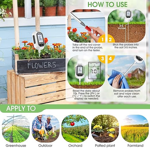 4-in-1 Soil Moisture Meter, Digital Plant Temperature/Soil Moisture Test & PH Meter/Sunlight Intensity, Backlight LCD Display for Gardening, Farming and Outdoor Plants