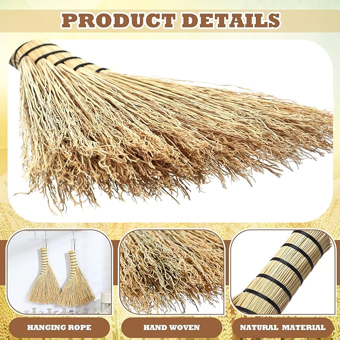Suclain 2 Pcs Small Corn Whisk Brush Broom 100% Handmade 12 Inch Handheld Brush Whisks Natural Corn Short of Asian Whisk Broom with Nylon Thread Handle for Household Sweeping Indoor Outdoor (Style B)