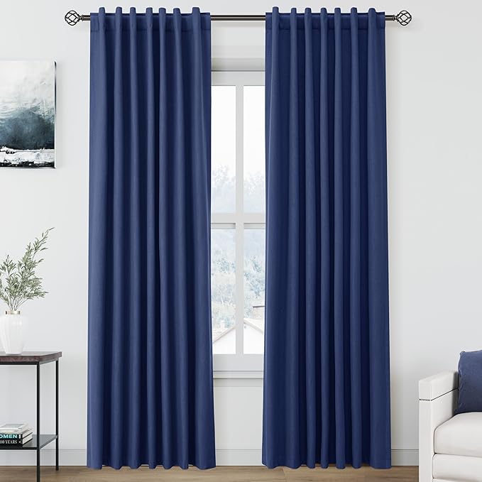 Full Black Out Classic Blue Window Curtains 84 Inches Long Back Tab Rod Pocket Cooling Flax Linen Drapes Full Light Black Out 2 Panels Set for Dining Room Boho Farmhouse Curtains Drapes 52x84