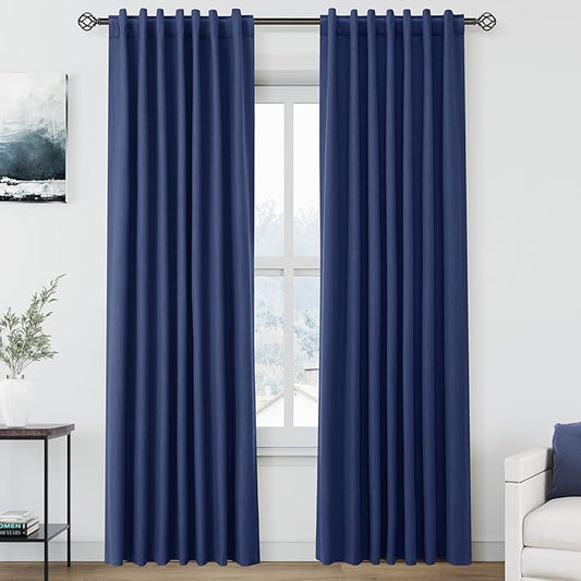Full Black Out Classic Blue Window Curtains 84 Inches Long Back Tab Rod Pocket Cooling Flax Linen Drapes Full Light Black Out 2 Panels Set for Dining Room Boho Farmhouse Curtains Drapes 52x84