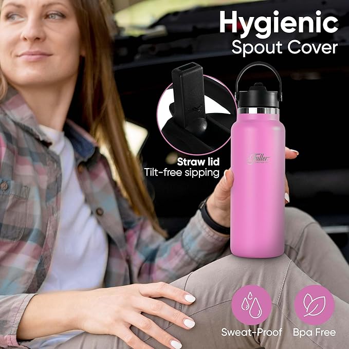 Fuller Stainless Steel Water Bottle with Straw Lid – BPA-Free, Sweat-Proof, Leak-Proof Travel Mug – Double Wall Insulated for Hot & Cold Drinks – Carry Handle (Bright Pink, 40 Oz.)