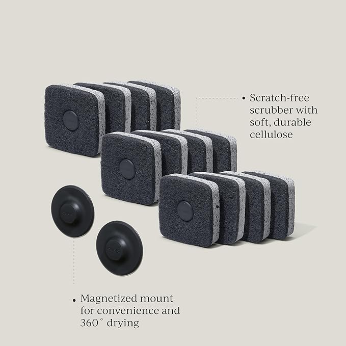 Ionic Non-Scratch Kitchen Sponge with Magnetized Holder, Dual Sided Cellulose and Scrub Pad, 12 Pack, Black/Grey