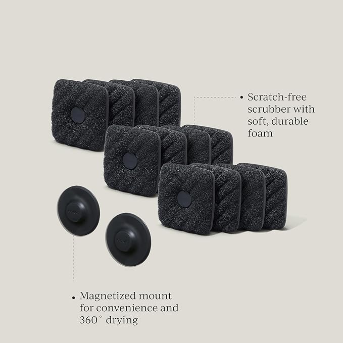 Ionic Non-Scratch Dish Sponges with Magnetized Holder, Odor Resistant Synthetic Scrub Sponges, 12 Pack, Black