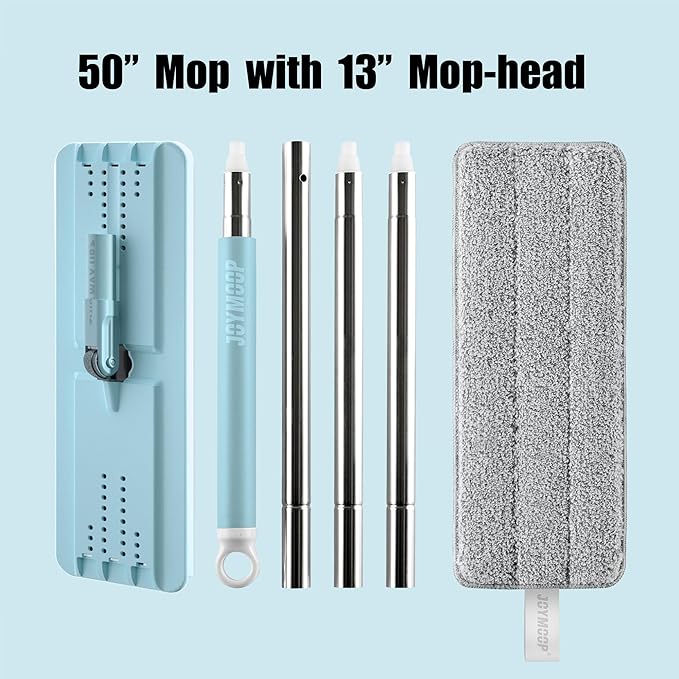 JOYMOOP Flat Mop, Microfiber Mops for Floor Cleaning and Wall Cleaner, 50" Mops with 13" Flat Head with a Microfiber Mop Pad - Pale Aqua
