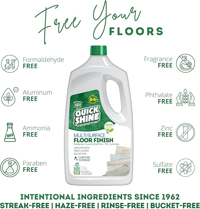 Quick Shine Multi-Surface Floor Finish-Polish 64oz-2pk | Safer Choice, No PFAS, pH Neutral Clean Shine Technology | Squirt & Spread | For Wood, Laminate, LVP, LVT, Tile & Stone | Made in USA