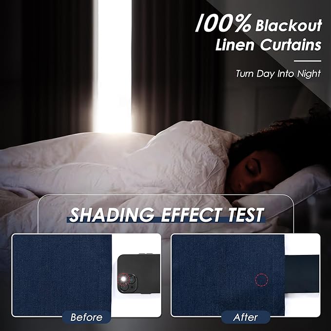 100% Blackout Linen Curtains 90 Inch Length 2 Panels for Living Room Loop Pocket Pleated Black Out Drapes Navy Blue Heat Reducing Total Blackout Window Curtain for Boy Man Bedroom 90 Inches Long