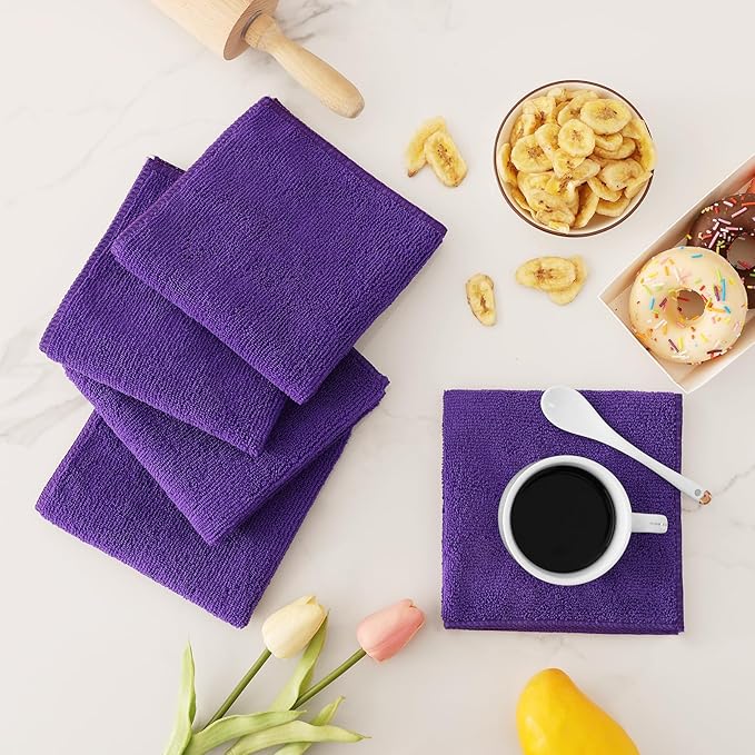 Kitinjoy 12 Pack Microfiber Cleaning Cloth(12 x 12 Inches, Purple), Ultra Soft and Absorbent Cleaning Rags, Reusable and Non-Linting dust Removal Cleaning Cloths for Car, House, Kitchen