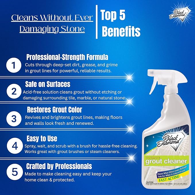 Black Diamond Ultimate Grout Cleaner: Best Cleaner for Tile,Ceramic,Porcelain, Marble Acid-Free Safe Deep Cleaner & Stain Remover for Even The Dirtiest Grout. (1-Quart/1-Brush)