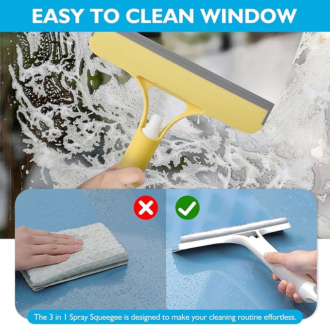 3 in 1 Spray Window Squeegee Cleaner Scraper, WindowSqueegee with Brush and Built-in Spray BottleAll-Purpose Shower Glass, Mirrors, Car, Home Window Cleaner Tool (White)